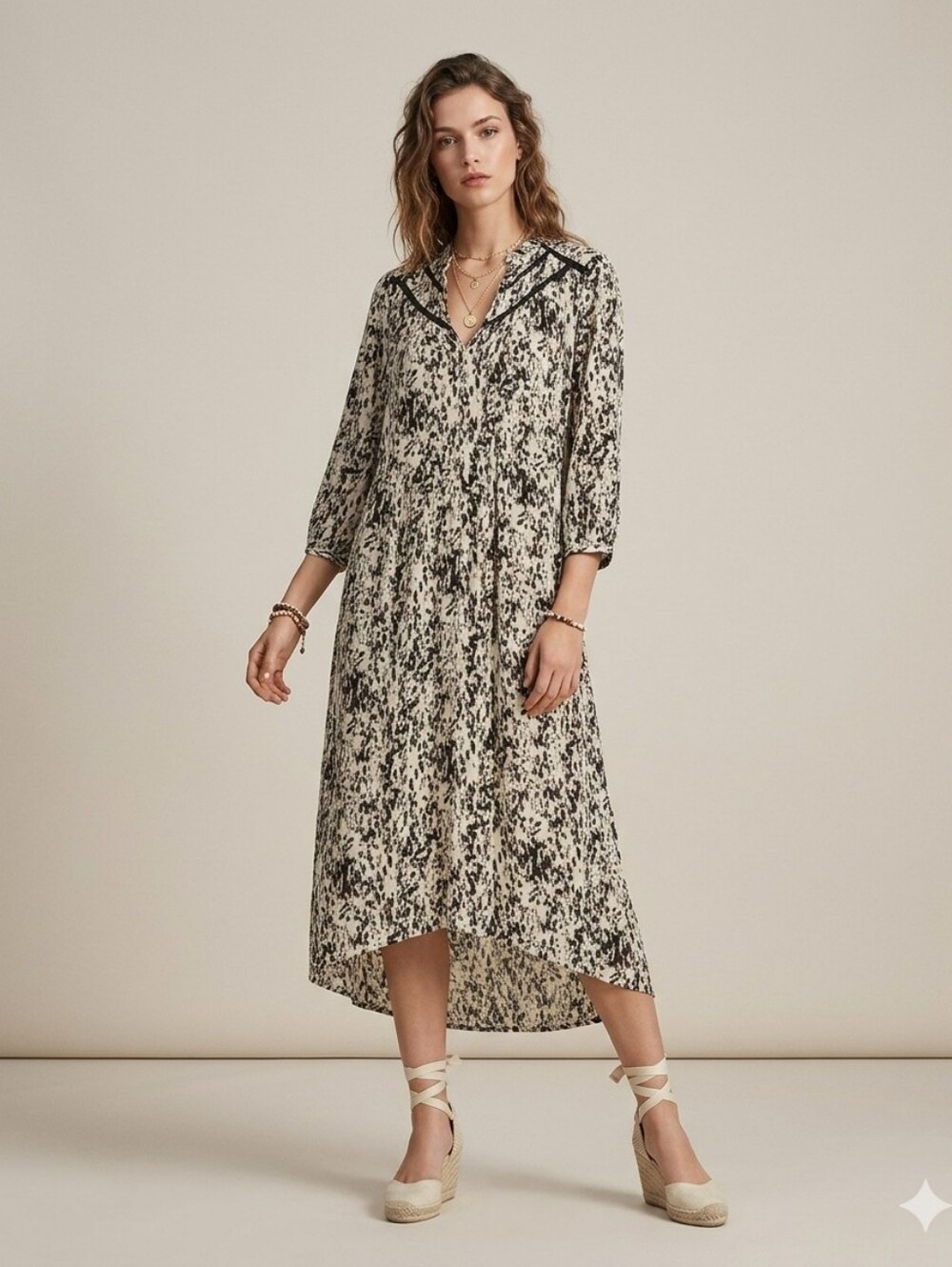 Zara Lace Trimmed Long Dress Ecru Black & Brown Abstract Print Boho